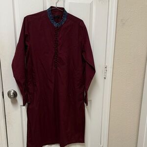 Maroon Long Sleeve men’s Kurta with Blue embroidered Collar